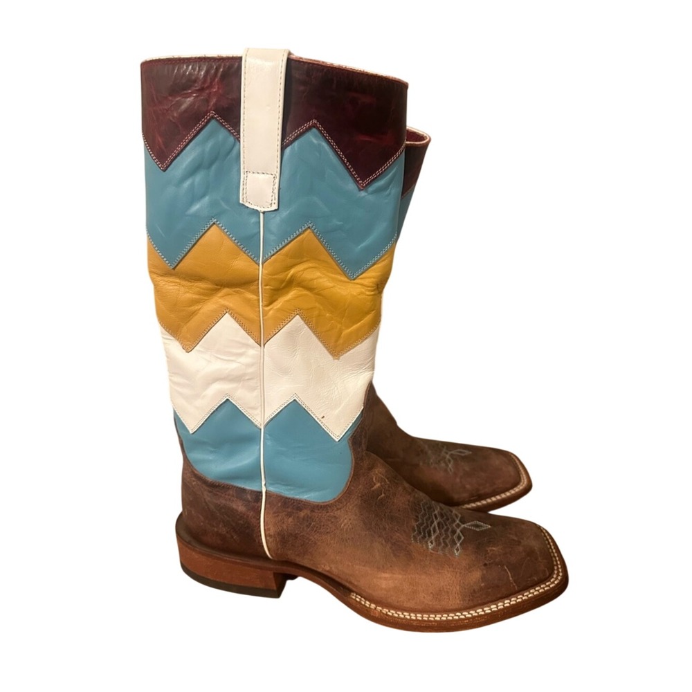 Macie Bean Multi-Color Chevron Patchwork Heeled Cowboy Boots